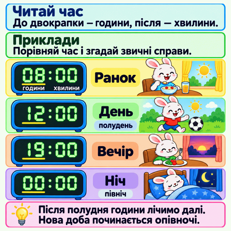 Навчальна картка пояснює: до двокрапки на електронному годиннику записані години, після — хвилини. Чотири приклади: 08:00 — ранок, зайчик снідає; 12:00 — день, полудень, зайчик грається; 19:00 — вечір, зайчик вечеряє; 00:00 — ніч, північ, зайчик спить. Після полудня відлік годин триває, а опівночі починається нова доба. Читай час: До двокрапки — години, після — хвилини. Приклади: Порівняй час і згадай звичні справи. Після полудня години лічимо далі.
Нова доба починається опівночі. 08:00 Ранок години хвилини 12:00 День полудень 19:00 Вечір 00:00 Ніч північ