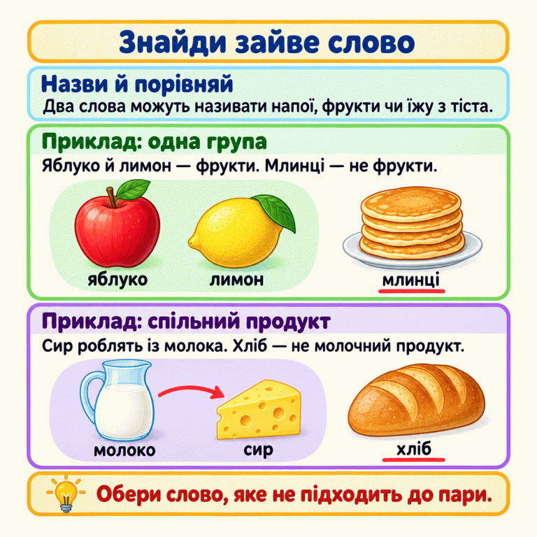 Картка пояснює, як знайти зайве слово серед назв їжі. Спочатку треба назвати малюнки й знайти спільне для пари. У першому прикладі яблуко та лимон — фрукти, а млинці — ні. У другому молоко й сир пов’язані: сир роблять із молока, а хліб не є молочним продуктом. Обираємо слово, яке не підходить до пари. Знайди зайве слово Назви й порівняй: Два слова можуть називати напої, фрукти чи їжу з тіста. Приклад: одна група: Яблуко й лимон — фрукти. Млинці — не фрукти. Приклад: спільний продукт: Сир роблять із молока. Хліб — не молочний продукт. Обери слово, яке не підходить до пари. яблуко лимон млинці молоко сир хліб