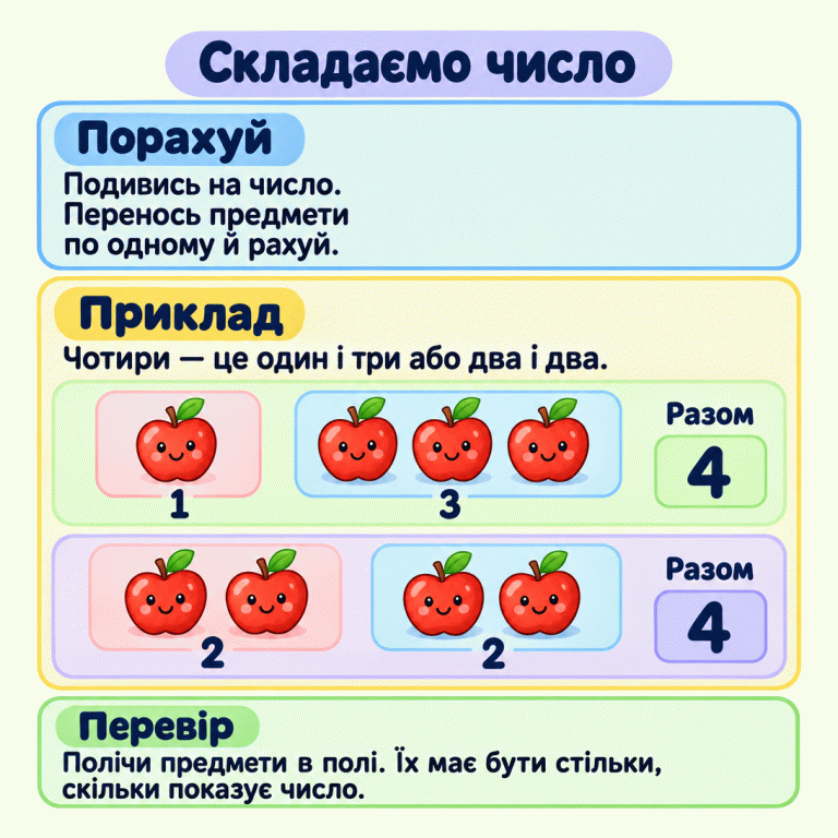 Картка пояснює: подивись на число, перенось предмети по одному й рахуй, а потім перевір загальну кількість. У навчальному прикладі чотири яблука згруповано двома способами: одне і три та два і два. В обох способах разом чотири яблука. Складаємо число Порахуй: Подивись на число. Перенось предмети по одному й рахуй. Приклад: Чотири — це один і три або два і два. Перевір: Полічи предмети в полі. Їх має бути стільки, скільки показує число. Разом 4 1 3 2