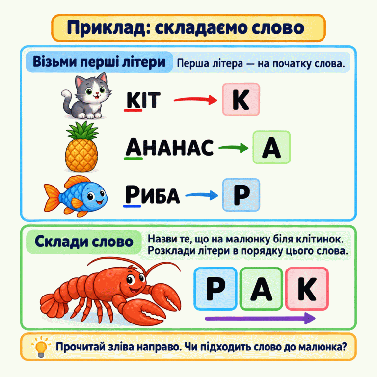 Навчальний приклад складання слова з перших літер. Біля кота написано «КІТ» і окремо показано К, біля ананаса — «АНАНАС» та А, біля риби — «РИБА» та Р. Початкові літери підкреслені. Нижче біля малюнка рака в трьох клітинках стоять Р, А, К. Літери переставили, щоб утворити назву зображеного. Слово читаємо зліва направо. Приклад: складаємо слово Візьми перші літери: Перша літера — на початку слова. Склади слово: Назви те, що на малюнку біля клітинок. Розклади літери в порядку цього слова. Прочитай зліва направо. Чи підходить слово до малюнка? КІТ АНАНАС РИБА К А Р