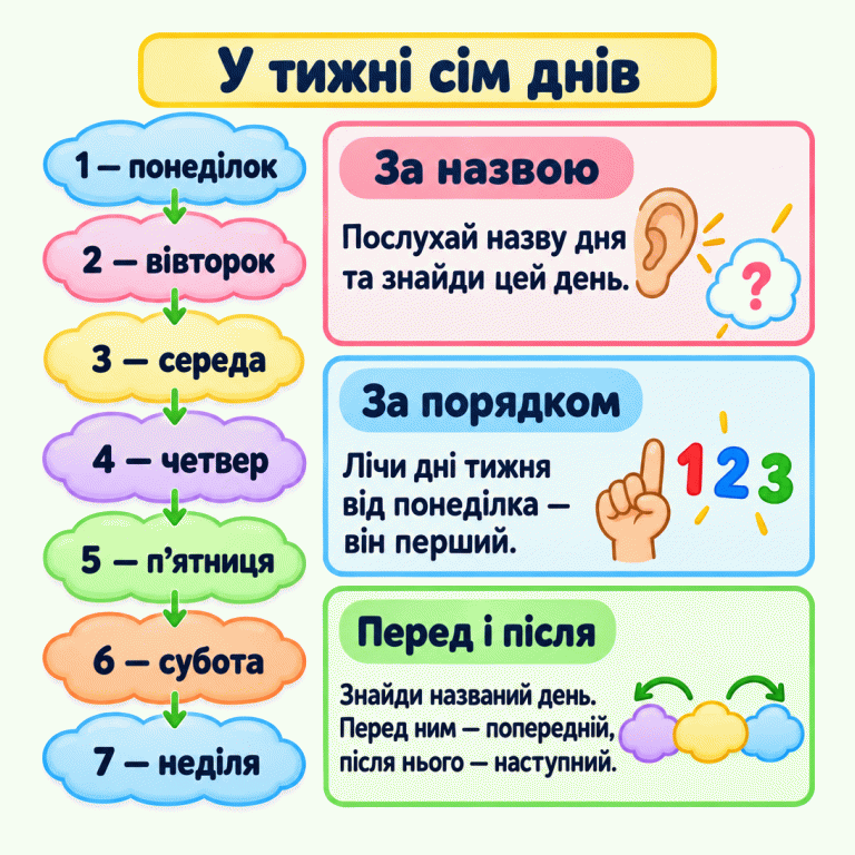 Сім хмаринок показують дні тижня по черзі: понеділок — перший, вівторок — другий, середа — третя, четвер — четвертий, п’ятниця — п’ята, субота — шоста, неділя — сьома. Поруч пояснено, як знайти день за назвою, відлічити його від понеділка або визначити попередній чи наступний день. У тижні сім днів За назвою: Послухай назву дня та знайди цей день. За порядком: Лічи дні тижня від понеділка — він перший. Перед і після: Знайди названий день. Перед ним — попередній, після нього — наступний. 1 — понеділок 2 — вівторок 3 — середа 4 — четвер 5 — п’ятниця 6 — субота 7 — неділя ? 1 2 3