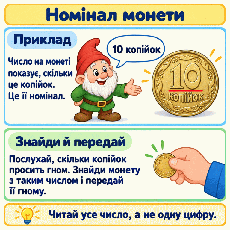 Номінал — це вартість монети. У навчальному прикладі гном просить 10 копійок, а поруч показано одну монету з числом 10 і написом «копійок». Числа збігаються. Послухай своє завдання, знайди монету з потрібним числом і передай її гному. Читай усе число, а не одну цифру. Номінал монети Приклад: Число на монеті показує, скільки це копійок. Це її номінал. Знайди й передай: Послухай, скільки копійок просить гном. Знайди монету з таким числом і передай її гному. Читай усе число, а не одну цифру. 10 копійок 10 копійок