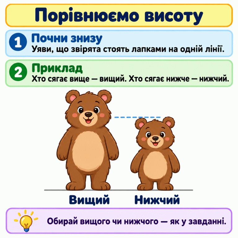 Двоє ведмедиків стоять лапками на одній лінії. Один сягає вище й має підпис «Вищий», другий сягає нижче й має підпис «Нижчий». Щоб порівняти висоту, уяви звірят на спільній лінії опори та обирай за запитанням. Порівнюємо висоту Почни знизу: Уяви, що звірята стоять лапками на одній лінії. Приклад: Хто сягає вище — вищий. Хто сягає нижче — нижчий. Обирай вищого чи нижчого — як у завданні. Вищий Нижчий 1 2