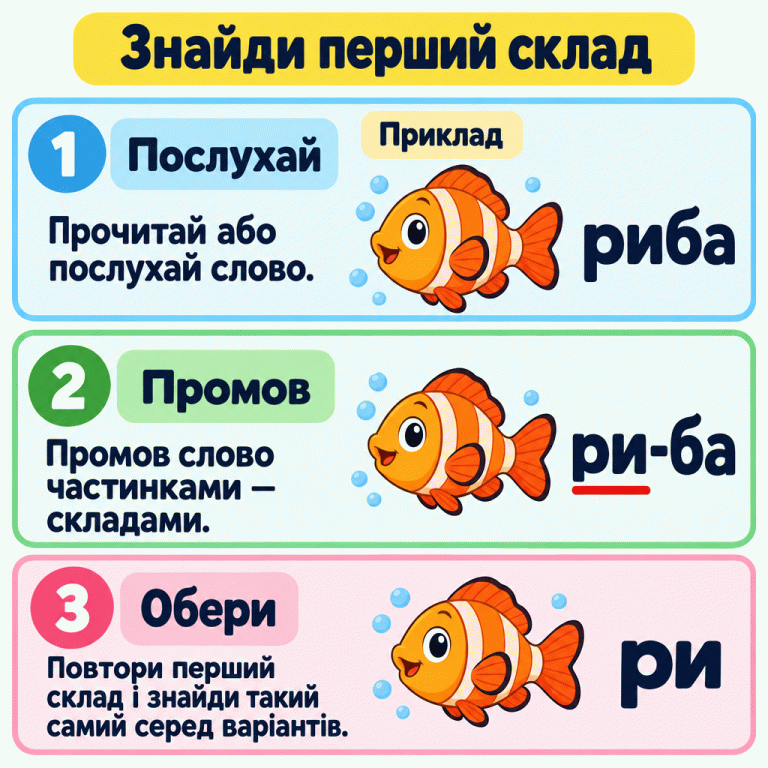 Картка пояснює, як знайти перший склад: прочитай або послухай слово, промов його складами й обери такий самий початковий склад серед варіантів. Навчальний приклад: біля малюнка риби написано «риба», далі — «ри-ба» з підкресленим початком «ри». Наприкінці окремо показано перший склад «ри». Знайди перший склад Послухай: Прочитай або послухай слово. Промов: Промов слово частинками — складами. Обери: Повтори перший склад і знайди такий самий серед варіантів. Приклад риба ри-ба ри 1 2 3