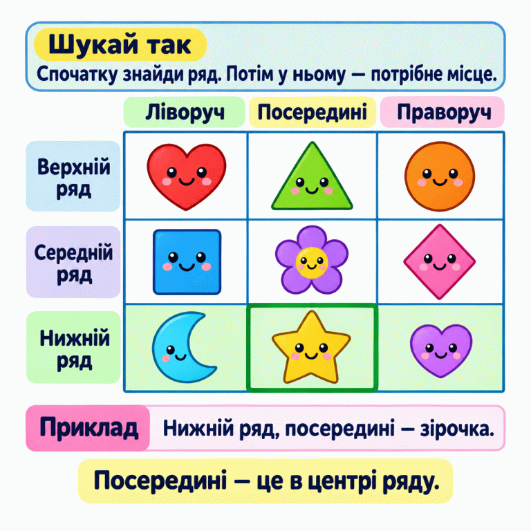 Навчальна сітка має три ряди: верхній, середній і нижній. У кожному ряді є місце ліворуч, посередині та праворуч. Спочатку знайди названий ряд, потім потрібне місце в ньому. У прикладі зірочка стоїть у нижньому ряді посередині. Посередині означає в центрі цього ряду. Шукай так: Спочатку знайди ряд. Потім у ньому — потрібне місце. Приклад: Нижній ряд, посередині — зірочка. Посередині — це в центрі ряду. Верхній ряд Середній ряд Нижній ряд Ліворуч Посередині Праворуч