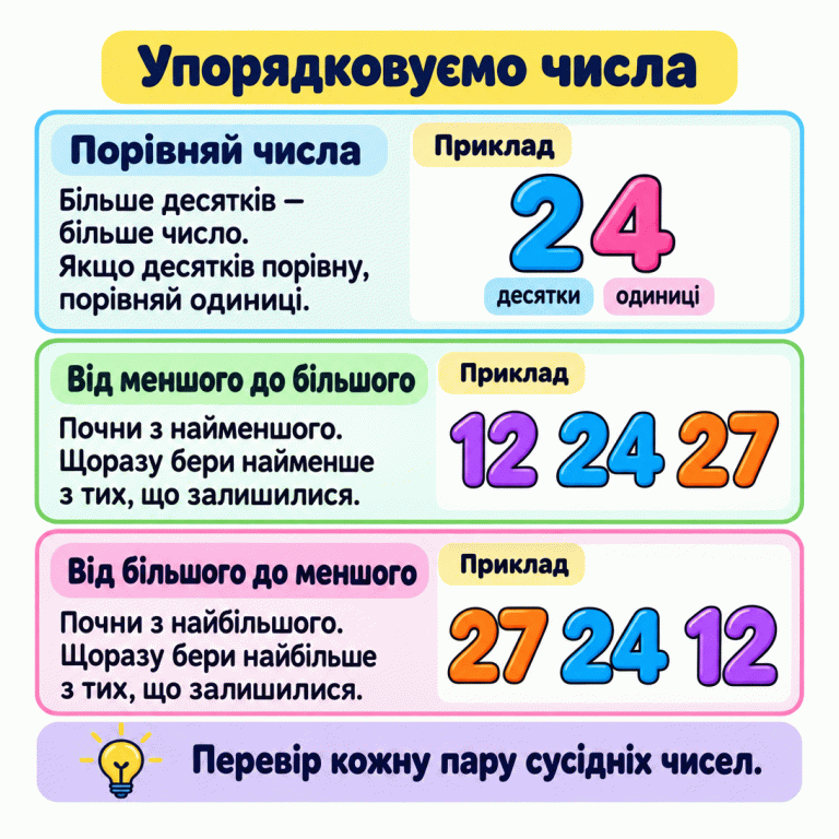 Навчальні приклади впорядкування чисел. У числі 24 цифра 2 позначає десятки, а цифра 4 — одиниці. Спочатку порівнюємо десятки, а якщо їх порівну — одиниці. Від меншого до більшого: 12, 24, 27. Від більшого до меншого: 27, 24, 12. Упорядковуємо числа Порівняй числа: Більше десятків — більше число. Якщо десятків порівну, порівняй одиниці. Від меншого до більшого: Почни з найменшого. Щоразу бери найменше з тих, що залишилися. Від більшого до меншого: Почни з найбільшого. Щоразу бери найбільше з тих, що залишилися. Перевір кожну пару сусідніх чисел. Приклад 24 десятки одиниці 12 27