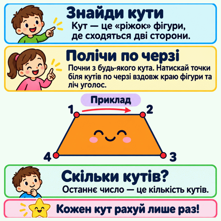 Пояснення, як рахувати кути: знайди місця, де сходяться дві сторони, і натискай точки по черзі вздовж краю. У навчальному прикладі чотири кути позначені точками та цифрами від 1 до 4 у порядку обходу. Останнє число показує кількість кутів цієї фігури. Кожен кут потрібно рахувати лише раз. Знайди кути: Кут — це «ріжок» фігури, де сходяться дві сторони. Полічи по черзі: Почни з будь-якого кута. Натискай точки біля кутів по черзі вздовж краю фігури та ліч уголос. Скільки кутів?: Останнє число — це кількість кутів. Кожен кут рахуй лише раз! Приклад 1 2 3 4