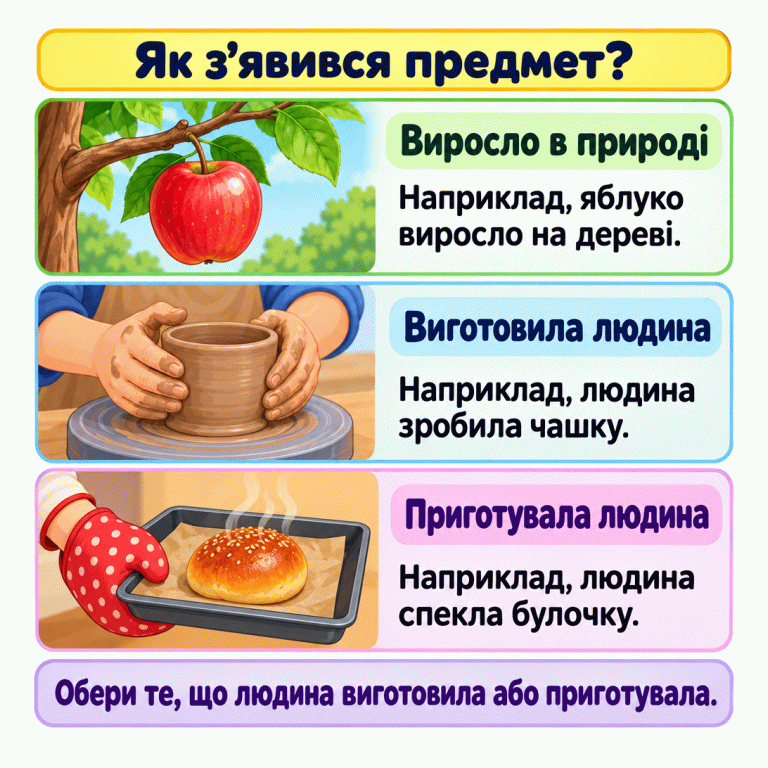 Як з’явився предмет? Яблуко росте на гілці дерева — це приклад із природи. Руки виготовляють чашку, а рука в кухонній рукавиці тримає деко з випеченою булочкою — це приклади створеного людиною. Обери те, що людина виготовила або приготувала. Як з’явився предмет? Виросло в природі: Наприклад, яблуко виросло на дереві. Виготовила людина: Наприклад, людина зробила чашку. Приготувала людина: Наприклад, людина спекла булочку. Обери те, що людина виготовила або приготувала.