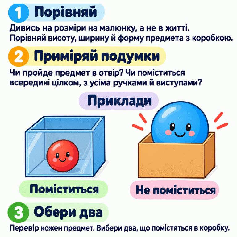 Порівнюй висоту, ширину й форму предметів за малюнком, а не за їхніми розмірами в житті. У навчальних прикладах невелика тверда кулька повністю поміщається всередині відкритої коробки, а завелика кулька не проходить в отвір і не вміщується всередині. Враховуй усі ручки й виступи предмета. Перевір кожен варіант і обери два предмети, що помістяться. Порівняй: Дивись на розміри на малюнку, а не в житті. Порівняй висоту, ширину й форму предмета з коробкою. Приміряй подумки: Чи пройде предмет в отвір? Чи поміститься всередині цілком, з усіма ручками й виступами? Обери два: Перевір кожен предмет. Вибери два, що помістяться в коробку. Приклади Поміститься Не поміститься 1 2 3