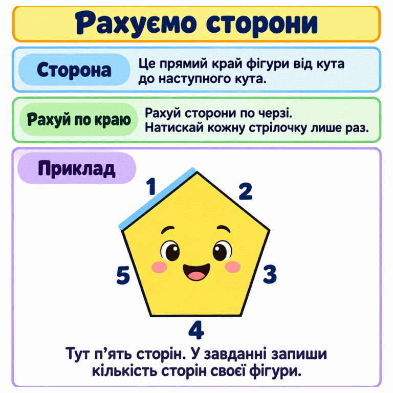 Пояснення, як рахувати сторони фігури. Сторона — прямий край від кута до наступного кута. На прикладі усміхненого п’ятикутника біля кожної сторони зовні стоїть одне число: від 1 до 5 по порядку навколо фігури. Першу сторону виділено по всій довжині. У п’ятикутника п’ять сторін. У завданні потрібно порахувати сторони своєї фігури, натиснути кожну стрілочку лише раз і записати отриману кількість. Рахуємо сторони Сторона: Це прямий край фігури від кута до наступного кута. Рахуй по краю: Рахуй сторони по черзі. Натискай кожну стрілочку лише раз. Приклад: Тут п’ять сторін. У завданні запиши кількість сторін своєї фігури. 1 2 3 4 5
