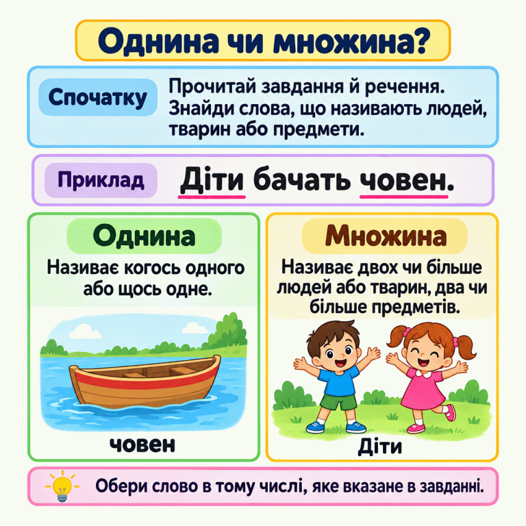 Однина чи множина? У навчальному реченні «Діти бачать човен.» слово «човен» називає один предмет — це однина. Поруч зображено один човен. Слово «Діти» називає кількох людей — це множина. Поруч зображено двох дітей. Прочитай завдання й обери в реченні слово потрібного числа. Однина чи множина? Спочатку: Прочитай завдання й речення. Знайди слова, що називають людей, тварин або предмети. Однина: Називає когось одного або щось одне. Множина: Називає двох чи більше людей або тварин, два чи більше предметів. Обери слово в тому числі, яке вказане в завданні. Приклад Діти бачать човен. човен Діти