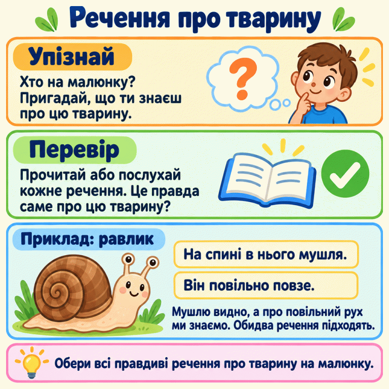 Картка пояснює: упізнай тварину, пригадай відомості про неї та перевір кожне речення. У прикладі зображено равлика з мушлею. Речення «На спині в нього мушля» можна перевірити за малюнком, а «Він повільно повзе» — за знаннями про равлика. Обидва підходять. Треба обрати всі правдиві речення саме про зображену тварину. Речення про тварину Упізнай: Хто на малюнку? Пригадай, що ти знаєш про цю тварину. Перевір: Прочитай або послухай кожне речення. Це правда саме про цю тварину? Приклад: равлик: Мушлю видно, а про повільний рух ми знаємо. Обидва речення підходять. Обери всі правдиві речення про тварину на малюнку. На спині в нього мушля. Він повільно повзе. ? ✓