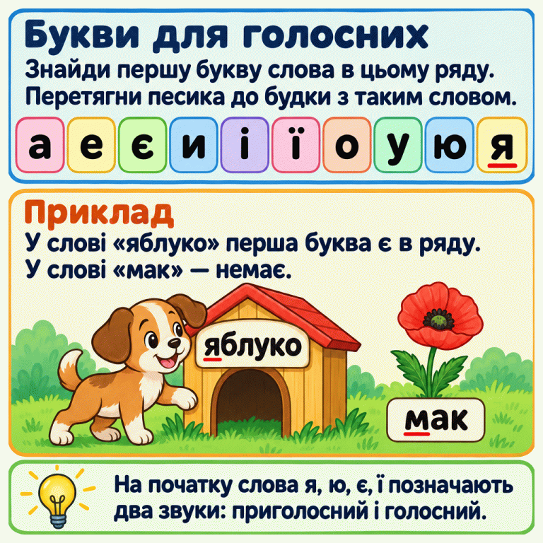 Картка вчить перевіряти першу букву слова за рядом а, е, є, и, і, ї, о, у, ю, я. У навчальному прикладі песик обирає будку зі словом «яблуко»: початкова я є в ряду. У слові «мак» початкова м до ряду не входить, хоча всередині є а. Перші букви підкреслені. Нагадування пояснює, що я, ю, є, ї на початку слова позначають два звуки: приголосний і голосний. Букви для голосних: Знайди першу букву слова в цьому ряду. Перетягни песика до будки з таким словом. Приклад: У слові «яблуко» перша буква є в ряду. У слові «мак» — немає. На початку слова я, ю, є, ї позначають два звуки: приголосний і голосний. а е є и і ї о у ю я яблуко мак