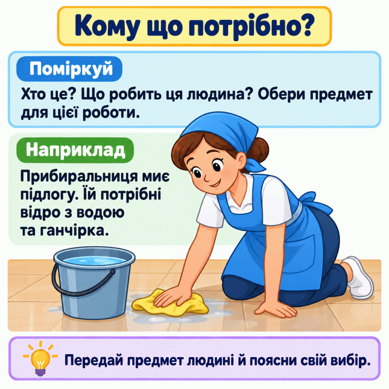Кому що потрібно? Пригадай, що робить людина, й обери предмет для цієї роботи. Наприклад, прибиральниця миє підлогу ганчіркою, використовуючи відро з водою. Передай потрібний предмет людині та поясни свій вибір. Кому що потрібно? Поміркуй: Хто це? Що робить ця людина? Обери предмет для цієї роботи. Наприклад: Прибиральниця миє підлогу. Їй потрібні відро з водою та ганчірка. Передай предмет людині й поясни свій вибір.