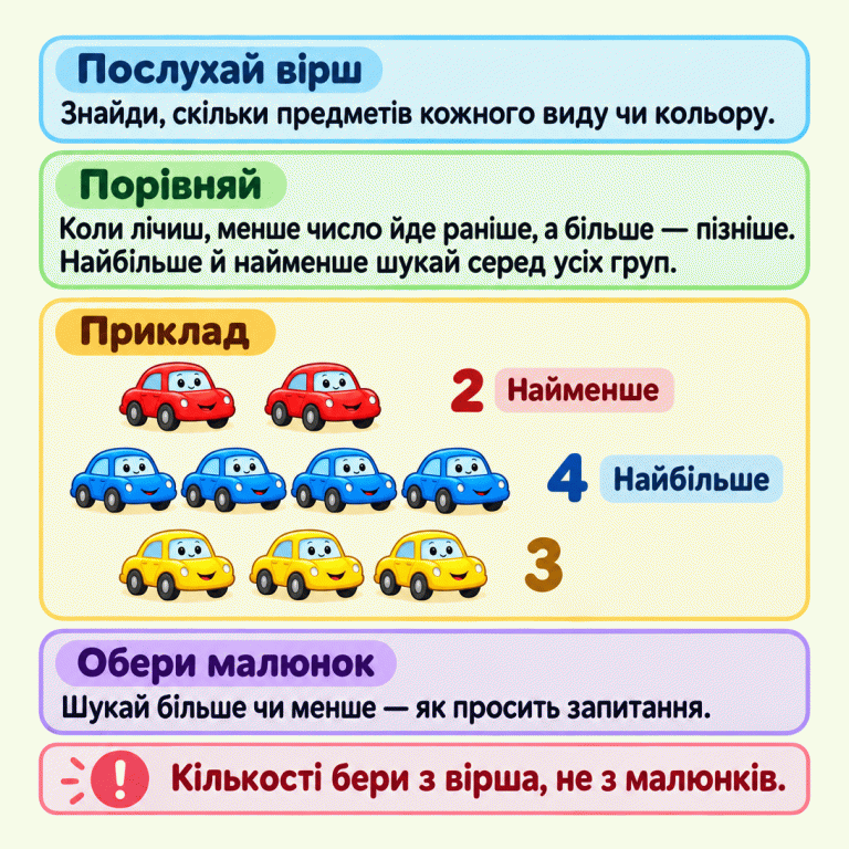 Картка пояснює: знайди у вірші кількість предметів кожного виду чи кольору. Під час лічби менше число називаємо раніше, більше — пізніше. Найбільшу й найменшу кількість шукаємо серед усіх груп. Навчальний приклад: дві червоні машинки — їх найменше; чотири сині — їх найбільше; три жовті. Обирай малюнок за запитанням. Кількості бери з вірша, а не з малюнків. Послухай вірш: Знайди, скільки предметів кожного виду чи кольору. Порівняй: Коли лічиш, менше число йде раніше, а більше — пізніше. Найбільше й найменше шукай серед усіх груп. Обери малюнок: Шукай більше чи менше — як просить запитання. Кількості бери з вірша, не з малюнків. Приклад 2 4 3 Найменше Найбільше !