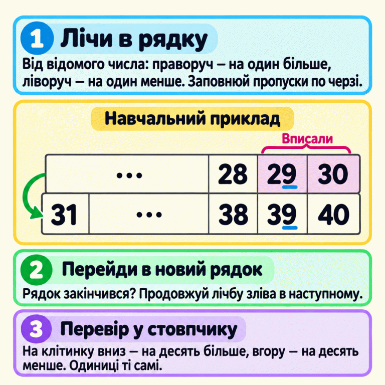 Навчальний приклад із частиною таблиці сотні. Наприкінці верхнього рядка стоять 28, 29, 30; числа 29 і 30 вже вписали по черзі. Наступний рядок починається з 31, а закінчується числами 38, 39, 40. Трикрапки позначають не показані частини таблиці. У рядку праворуч додаємо один, ліворуч віднімаємо один. Після кінця рядка продовжуємо зліва в наступному. У стовпчику на клітинку вниз додаємо десять, угору віднімаємо десять; одиниці залишаються тими самими. Лічи в рядку: Від відомого числа: праворуч — на один більше, ліворуч — на один менше. Заповнюй пропуски по черзі. Перейди в новий рядок: Рядок закінчився? Продовжуй лічбу зліва в наступному. Перевір у стовпчику: На клітинку вниз — на десять більше, вгору — на десять менше. Одиниці ті самі. Навчальний приклад Вписали 28 29 30 31 38 39 40 … 1 2 3