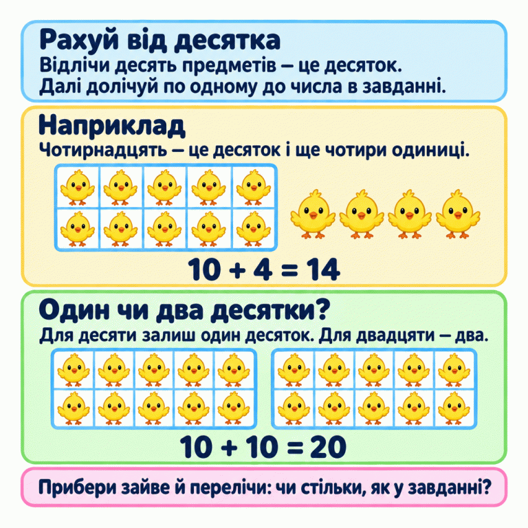 Відлічи десять предметів — це один десяток. Далі долічуй по одному до числа в завданні. У навчальному прикладі десяток курчат і ще чотири утворюють чотирнадцять. Нижче дві групи по десять курчат утворюють двадцять. Для десяти достатньо одного десятка. Прибери зайве та перевір кількість. Рахуй від десятка: Відлічи десять предметів — це десяток. Далі долічуй по одному до числа в завданні. Наприклад: Чотирнадцять — це десяток і ще чотири одиниці. Один чи два десятки?: Для десяти залиш один десяток. Для двадцяти — два. Прибери зайве й перелічи: чи стільки, як у завданні? 10 + 4 = 14 10 + 10 = 20