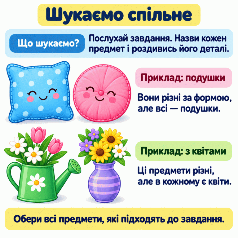 Шукаємо спільне. Спочатку послухай завдання, назви кожен предмет і роздивись його деталі. У першому прикладі подушки різної форми належать до однієї групи. У другому прикладі лійка й ваза різні, але в кожній є квіти. Обери всі предмети, які підходять до завдання. Шукаємо спільне Що шукаємо?: Послухай завдання. Назви кожен предмет і роздивись його деталі. Приклад: подушки: Вони різні за формою, але всі — подушки. Приклад: з квітами: Ці предмети різні, але в кожному є квіти. Обери всі предмети, які підходять до завдання.