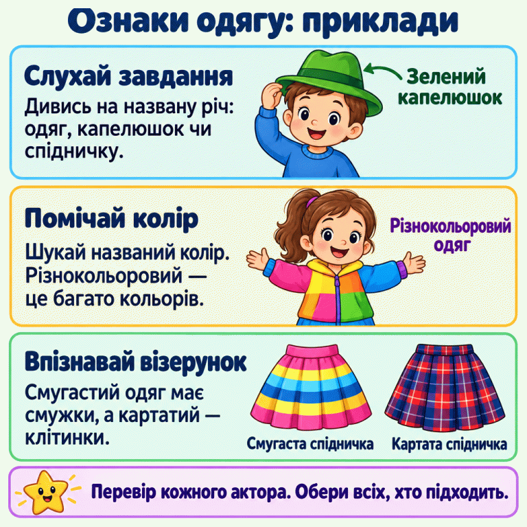 Навчальна картка про ознаки одягу. Спочатку потрібно послухати, яку річ названо. Приклад показує актора із зеленим капелюшком та одягом іншого кольору. Далі актор у вбранні з великими ділянками різних кольорів пояснює слово «різнокольоровий». Унизу смугаста спідничка має смужки, а картата — клітинки. Нагадування: перевір кожного актора й обери всіх, хто відповідає завданню. Ознаки одягу: приклади Слухай завдання: Дивись на названу річ: одяг, капелюшок чи спідничку. Помічай колір: Шукай названий колір. Різнокольоровий — це багато кольорів. Впізнавай візерунок: Смугастий одяг має смужки, а картатий — клітинки. Перевір кожного актора. Обери всіх, хто підходить. Зелений капелюшок Різнокольоровий одяг Смугаста спідничка Картата спідничка