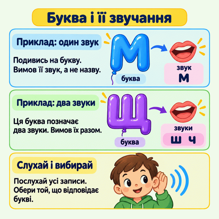 Буква і її звучання. У першому навчальному прикладі буква М позначає звук м. Треба вимовляти звук, а не назву букви. У другому прикладі буква Щ позначає два звуки: ш і ч, які вимовляють разом. Послухай усі записи й обери той, що відповідає букві в завданні. Буква і її звучання Приклад: один звук: Подивись на букву. Вимов її звук, а не назву. Приклад: два звуки: Ця буква позначає два звуки. Вимов їх разом. Слухай і вибирай: Послухай усі записи. Обери той, що відповідає букві. М м Щ ш ч буква звук звуки