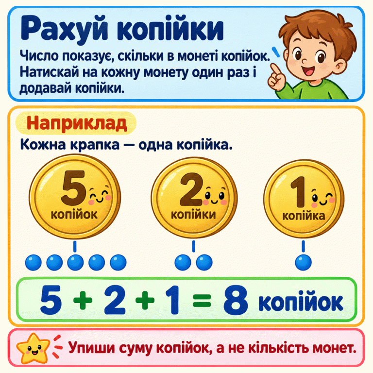 Пояснення, як рахувати вартість монет: прочитай число, натисни на кожну монету один раз і додай копійки. У навчальному прикладі зображено три монети — 5, 2 і 1 копійка. Їм відповідають групи з п’яти, двох та однієї крапки; кожна крапка означає одну копійку. Разом 5 + 2 + 1 = 8 копійок. У відповідь потрібно вписати суму копійок, а не кількість монет. Рахуй копійки: Число показує, скільки в монеті копійок. Натискай на кожну монету один раз і додавай копійки. Наприклад: Кожна крапка — одна копійка. Упиши суму копійок, а не кількість монет. 5 2 1 8 + = копійок копійки копійка