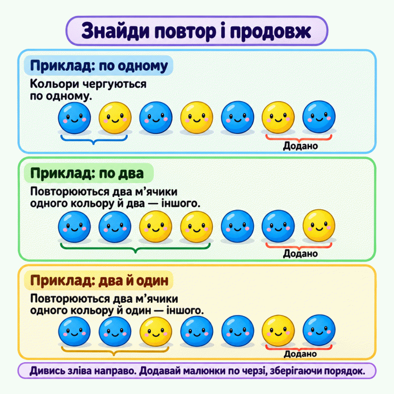 Три навчальні приклади послідовностей із синіх і жовтих м’ячиків. У першому кольори чергуються по одному: синій, жовтий, синій, жовтий, синій; додано жовтий і синій. У другому повторюються два сині й два жовті: синій, синій, жовтий, жовтий, синій; додано синій і жовтий. У третьому повторюються два сині й один жовтий: синій, синій, жовтий, синій, синій; додано жовтий і синій. Підпис «Додано» позначає лише останні два м’ячики кожного ряду. Порада: дивись зліва направо й додавай малюнки по черзі, зберігаючи порядок. Знайди повтор і продовж Приклад: по одному: Кольори чергуються по одному. Приклад: по два: Повторюються два м’ячики одного кольору й два — іншого. Приклад: два й один: Повторюються два м’ячики одного кольору й один — іншого. Дивись зліва направо. Додавай малюнки по черзі, зберігаючи порядок. Додано