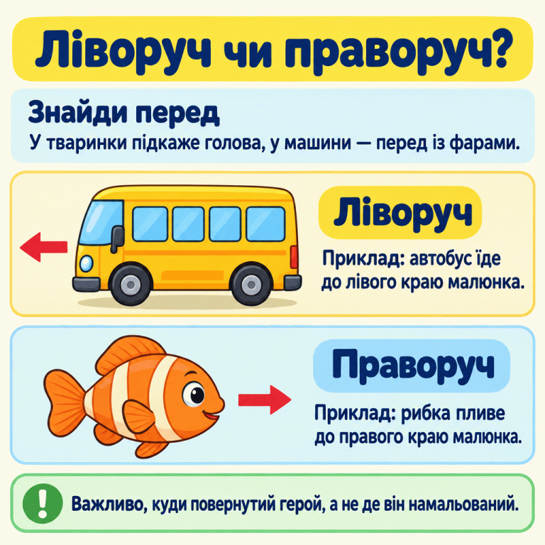 Ліворуч чи праворуч? Знайди перед: у тваринки підкаже голова, у машини — перед із фарами. На навчальних прикладах автобус повернутий передом до лівого краю малюнка й їде ліворуч, а рибка повернута головою до правого краю й пливе праворуч. Стрілки показують ці напрямки. Важливо, куди повернутий герой, а не де він намальований. Ліворуч чи праворуч? Знайди перед: У тваринки підкаже голова, у машини — перед із фарами. Ліворуч: Приклад: автобус їде до лівого краю малюнка. Праворуч: Приклад: рибка пливе до правого краю малюнка. Важливо, куди повернутий герой, а не де він намальований. !