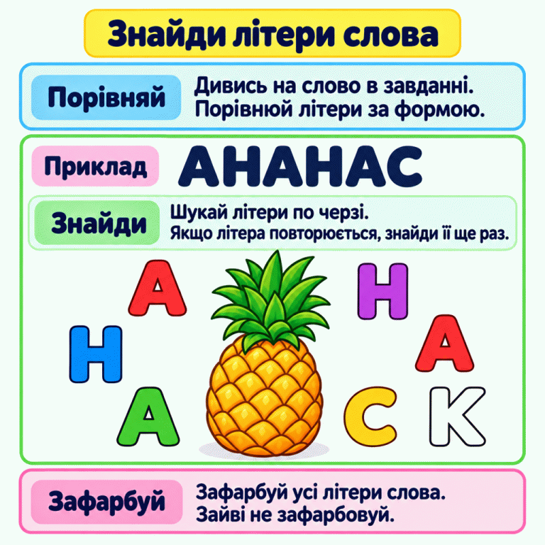 Навчальний приклад зі словом «АНАНАС» і малюнком ананаса. Навколо розміщені три А, дві Н, одна С та одна К. Усі А, Н і С зафарбовані, а К залишається контурною. Пояснення радить порівнювати форми літер зі словом, знаходити повторення й не зафарбовувати зайві. Знайди літери слова Порівняй: Дивись на слово в завданні. Порівнюй літери за формою. Знайди: Шукай літери по черзі. Якщо літера повторюється, знайди її ще раз. Зафарбуй: Зафарбуй усі літери слова. Зайві не зафарбовуй. Приклад АНАНАС А Н С К