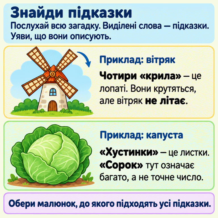 Картка пояснює, як шукати відгадку за всіма підказками. Спочатку треба послухати всю загадку й помітити виділені слова. У першому навчальному прикладі вітряк має чотири лопаті: це його образні «крила», які крутяться, хоча сам вітряк не літає. У другому прикладі листки капусти названо «хустинками», а слово «сорок» означає багато, не точну кількість. Наприкінці запропоновано обрати малюнок, до якого підходять усі підказки. Знайди підказки: Послухай всю загадку. Виділені слова — підказки. Уяви, що вони описують. Приклад: вітряк: Чотири «крила» — це лопаті. Вони крутяться, але вітряк не літає. Приклад: капуста: «Хустинки» — це листки. «Сорок» тут означає багато, а не точне число. Обери малюнок, до якого підходять усі підказки.