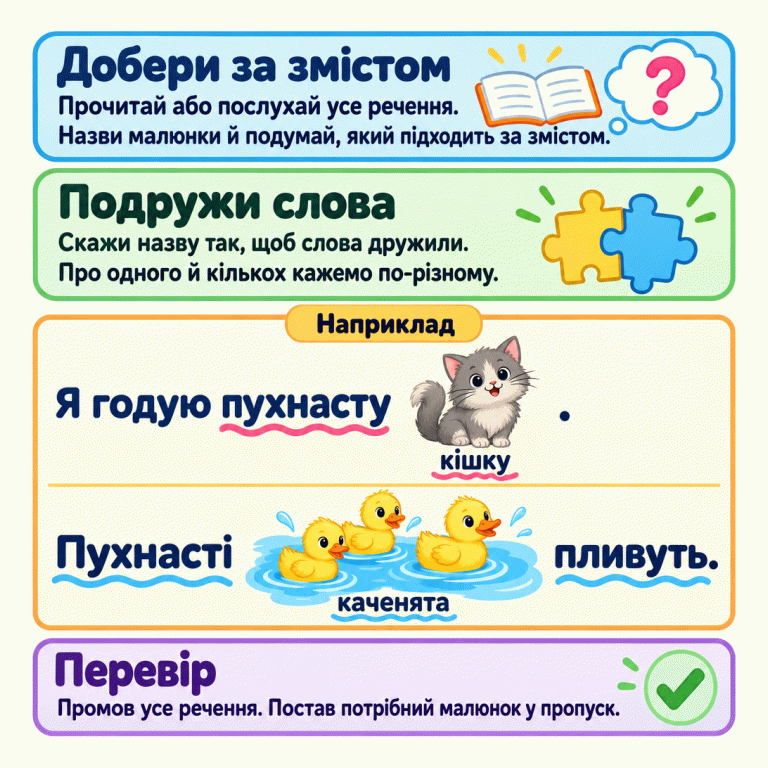 Прочитай або послухай речення, назви малюнки й добери потрібний за змістом. У прикладі «Я годую пухнасту кішку» малюнок кішки замінює слово «кішку». У прикладі «Пухнасті каченята пливуть» малюнок кількох каченят на воді замінює слово «каченята». Назву треба промовити так, щоб вона поєднувалася зі словами поруч. Перевір усе речення й постав малюнок у пропуск. Добери за змістом: Прочитай або послухай усе речення. Назви малюнки й подумай, який підходить за змістом. Подружи слова: Скажи назву так, щоб слова дружили. Про одного й кількох кажемо по-різному. Перевір: Промов усе речення. Постав потрібний малюнок у пропуск. Наприклад Я годую пухнасту кішку . Пухнасті каченята пливуть. ? ✓