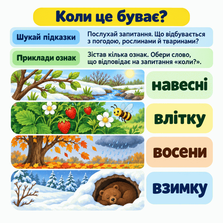 Коли це буває? Послухай запитання та зістав кілька підказок про погоду, рослини й тварин. Приклади: навесні тане сніг і з’являється молоде листя; влітку на суниці є плоди, а біля квітки літає бджола; восени опадає листя й дощить; взимку лежить сніг, а ведмідь спить у барлозі. Обери слово, що відповідає на запитання «коли?». Коли це буває? Шукай підказки: Послухай запитання. Що відбувається з погодою, рослинами й тваринами? Приклади ознак: Зістав кілька ознак. Обери слово, що відповідає на запитання «коли?». навесні влітку восени взимку