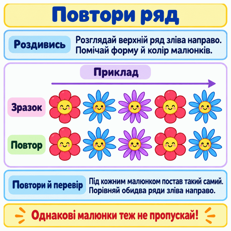 Навчальний приклад із двома однаковими рядами квітів. У кожному ряду зліва направо: квітка з округлими пелюстками, дві з вузькими, одна з округлими й одна з вузькими. Нижній ряд повторює верхній, а відповідні квіти стоять одна під одною. Порада: розглядай зразок зліва направо, під кожним малюнком став такий самий і перевіряй усі пари, не пропускаючи повторів. Повтори ряд Роздивись: Розглядай верхній ряд зліва направо. Помічай форму й колір малюнків. Повтори й перевір: Під кожним малюнком постав такий самий. Порівняй обидва ряди зліва направо. Однакові малюнки теж не пропускай! Приклад Зразок Повтор