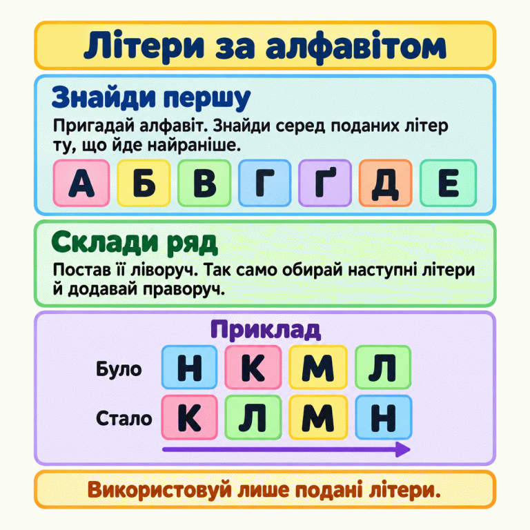 Як упорядкувати літери: пригадай алфавіт, знайди найранішу серед поданих і постав її ліворуч. Так само додавай наступні праворуч. Навчальний приклад: було Н, К, М, Л; стало К, Л, М, Н. Використовуй лише подані літери. Літери за алфавітом Знайди першу: Пригадай алфавіт. Знайди серед поданих літер ту, що йде найраніше. Склади ряд: Постав її ліворуч. Так само обирай наступні літери й додавай праворуч. Використовуй лише подані літери. Приклад Було Стало К Л М Н А Б В Г Ґ Д Е