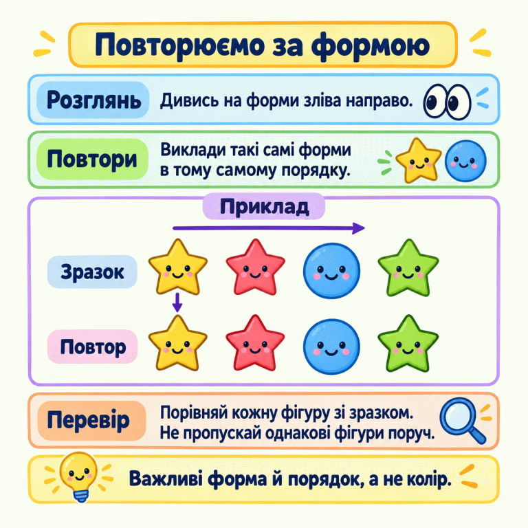 Навчальний приклад повторення за формою. У верхньому ряду зліва направо: зірка, зірка, круг, зірка. У нижньому ряду відтворено той самий порядок. Потрібно порівнювати кожну форму зі зразком, не пропускати однакові фігури поруч і не орієнтуватися на колір. Повторюємо за формою Розглянь: Дивись на форми зліва направо. Повтори: Виклади такі самі форми в тому самому порядку. Перевір: Порівняй кожну фігуру зі зразком. Не пропускай однакові фігури поруч. Важливі форма й порядок, а не колір. Приклад Зразок Повтор