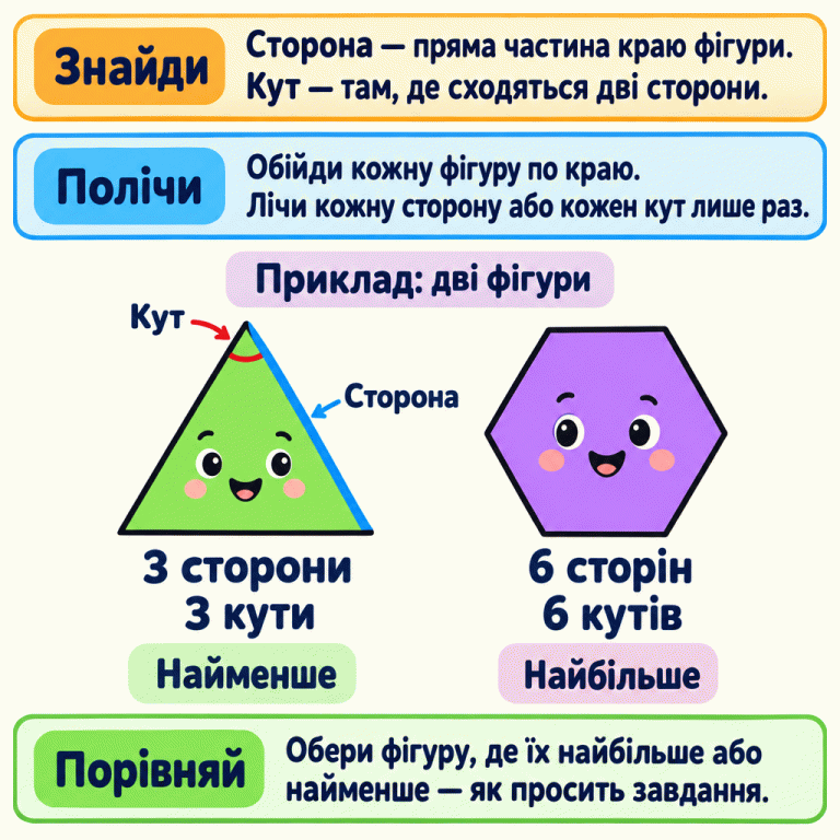 Навчальна картка пояснює, як лічити сторони й кути фігур. Сторона — пряма частина краю, а кут — там, де сходяться дві сторони. Треба обійти кожну фігуру по краю й порахувати кожну сторону або кожен кут лише раз. У прикладі трикутник має 3 сторони й 3 кути, а шестикутник — 6 сторін і 6 кутів. Серед цих двох фігур у трикутника їх найменше, а в шестикутника — найбільше. У завданні слід обрати найбільшу або найменшу кількість відповідно до умови. Знайди: Сторона — пряма частина краю фігури. Кут — там, де сходяться дві сторони. Полічи: Обійди кожну фігуру по краю. Лічи кожну сторону або кожен кут лише раз. Порівняй: Обери фігуру, де їх найбільше або найменше — як просить завдання. Приклад: дві фігури Сторона Кут 3 сторони 3 кути 6 сторін 6 кутів Найменше Найбільше