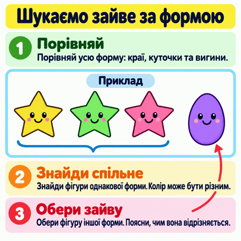 Картка пояснює, як знайти зайву фігуру за формою. У навчальному прикладі три різнокольорові зірки мають спільну форму, а одна яйцеподібна фігура відрізняється. Потрібно порівняти краї, куточки й вигини, знайти спільну форму та пояснити свій вибір. Шукаємо зайве за формою Порівняй: Порівняй усю форму: краї, куточки та вигини. Знайди спільне: Знайди фігури однакової форми. Колір може бути різним. Обери зайву: Обери фігуру іншої форми. Поясни, чим вона відрізняється. Приклад 1 2 3