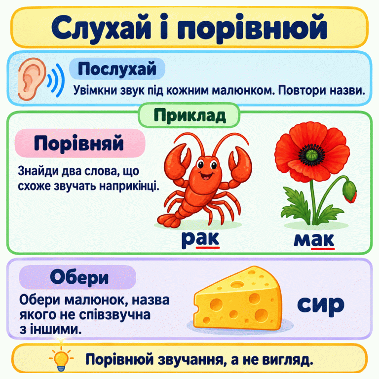 Картка пояснює: послухай назви малюнків, знайди два слова зі схожим звучанням наприкінці та обери неспівзвучне. У навчальному прикладі рак і мак утворюють співзвучну пару; у їхніх назвах підкреслено «ак». Сир показано окремо як неспівзвучне слово. Нагадування: порівнюй звучання, а не вигляд. Слухай і порівнюй Послухай: Увімкни звук під кожним малюнком. Повтори назви. Порівняй: Знайди два слова, що схоже звучать наприкінці. Обери: Обери малюнок, назва якого не співзвучна з іншими. Порівнюй звучання, а не вигляд. Приклад рак мак сир