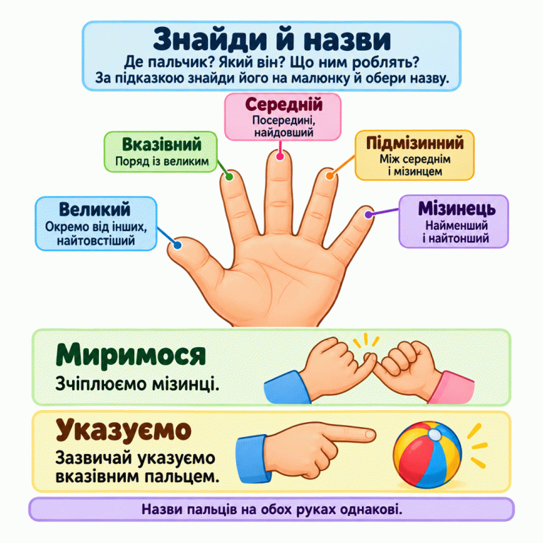 Розкрита рука з назвами всіх пальців. Великий стоїть окремо й найтовстіший. Поряд із ним — вказівний. Середній розташований посередині й найдовший. Підмізинний — між середнім і мізинцем. Мізинець найменший і найтонший. Нижче дві руки миряться, зчепивши мізинці, а інша рука вказує на м’ячик вказівним пальцем. Підказка допомагає знайти палець за місцем, розміром або дією та обрати його назву. Знайди й назви: Де пальчик? Який він? Що ним роблять? За підказкою знайди його на малюнку й обери назву. Миримося: Зчіплюємо мізинці. Указуємо: Зазвичай указуємо вказівним пальцем. Назви пальців на обох руках однакові. Великий
Окремо від інших,
найтовстіший Вказівний
Поряд із великим Середній
Посередині,
найдовший Підмізинний
Між середнім
і мізинцем Мізинець
Найменший
і найтонший