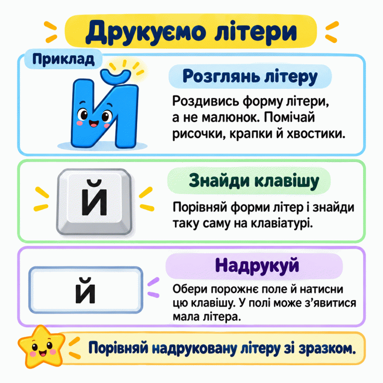 Навчальний приклад показує літеру Й із виразною дужкою, клавішу Й та поле з малою й. Поради пояснюють, як розпізнати форму літери попри малюнок, знайти відповідну клавішу, надрукувати одну літеру й порівняти результат зі зразком. Друкуємо літери Розглянь літеру: Роздивись форму літери, а не малюнок. Помічай рисочки, крапки й хвостики. Знайди клавішу: Порівняй форми літер і знайди таку саму на клавіатурі. Надрукуй: Обери порожнє поле й натисни цю клавішу. У полі може з’явитися мала літера. Порівняй надруковану літеру зі зразком. Приклад Й й