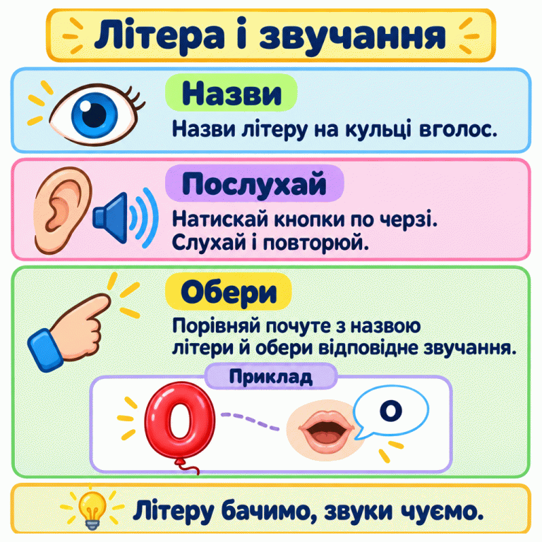Картка пояснює: назви літеру на кульці, по черзі послухай і повтори варіанти, потім обери відповідне звучання. У навчальному прикладі кулька має форму літери О, а поруч показано вимову «о». Літеру бачимо, звуки чуємо. Літера і звучання Назви: Назви літеру на кульці вголос. Послухай: Натискай кнопки по черзі. Слухай і повторюй. Обери: Порівняй почуте з назвою літери й обери відповідне звучання. Літеру бачимо, звуки чуємо. Приклад О о
