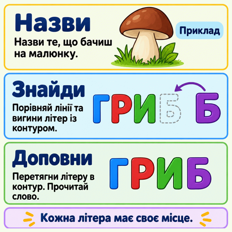 Три дії: назви зображене, порівняй літери з контуром, доповни слово. Навчальний приклад показує гриб і слово ГРИБ з контурною останньою літерою Б. Окрема Б має такі самі лінії та вигини. Після її перенесення утворюється слово ГРИБ. Кожна літера має своє місце. Назви: Назви те, що бачиш на малюнку. Знайди: Порівняй лінії та вигини літер із контуром. Доповни: Перетягни літеру в контур. Прочитай слово. Кожна літера має своє місце. Приклад Г Р И Б