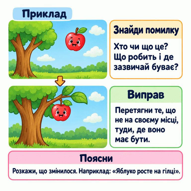 Картка пояснює, як виправляти помилки художника: назвати об’єкт, пригадати, що він робить і де зазвичай буває, а потім перетягнути на доречне місце. У навчальному прикладі яблуко спочатку висить у небі окремо від дерева, а після виправлення росте на гілці. Унизу запропоновано розповісти, що змінилося. Знайди помилку: Хто чи що це? Що робить і де зазвичай буває? Виправ: Перетягни те, що не на своєму місці, туди, де воно має бути. Поясни: Розкажи, що змінилося. Наприклад: «Яблуко росте на гілці». Приклад