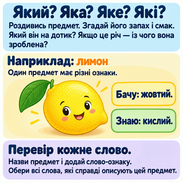 Картка пояснює, як добирати слова-ознаки: роздивитися предмет, пригадати його властивості й перевірити кожне слово. Навчальний приклад — жовтий лимон. Біля нього підписи: «Бачу: жовтий.» і «Знаю: кислий.». Обидві ознаки пасують одному лимону. Потрібно вибрати всі слова, які справді описують поточний предмет. Який? Яка? Яке? Які?: Роздивись предмет. Згадай його запах і смак. Який він на дотик? Якщо це річ — із чого вона зроблена? Наприклад: лимон: Один предмет має різні ознаки. Перевір кожне слово.: Назви предмет і додай слово-ознаку. Обери всі слова, які справді описують цей предмет. Бачу: жовтий. Знаю: кислий.