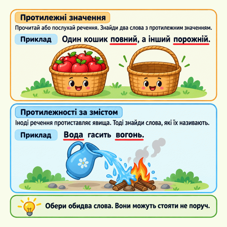 Картка пояснює, як знаходити протилежні слова за змістом речення. У першому прикладі один кошик повний яблук, а інший порожній; підкреслено слова «повний» і «порожній». У другому прикладі вода гасить вогонь; підкреслено назви «Вода» і «вогонь». Потрібно обрати обидва слова, навіть якщо вони стоять не поруч. Протилежні значення: Прочитай або послухай речення. Знайди два слова з протилежним значенням. Протилежності за змістом: Іноді речення протиставляє явища. Тоді знайди слова, які їх називають. Обери обидва слова. Вони можуть стояти не поруч. Приклад Один кошик повний, а інший порожній. Вода гасить вогонь.