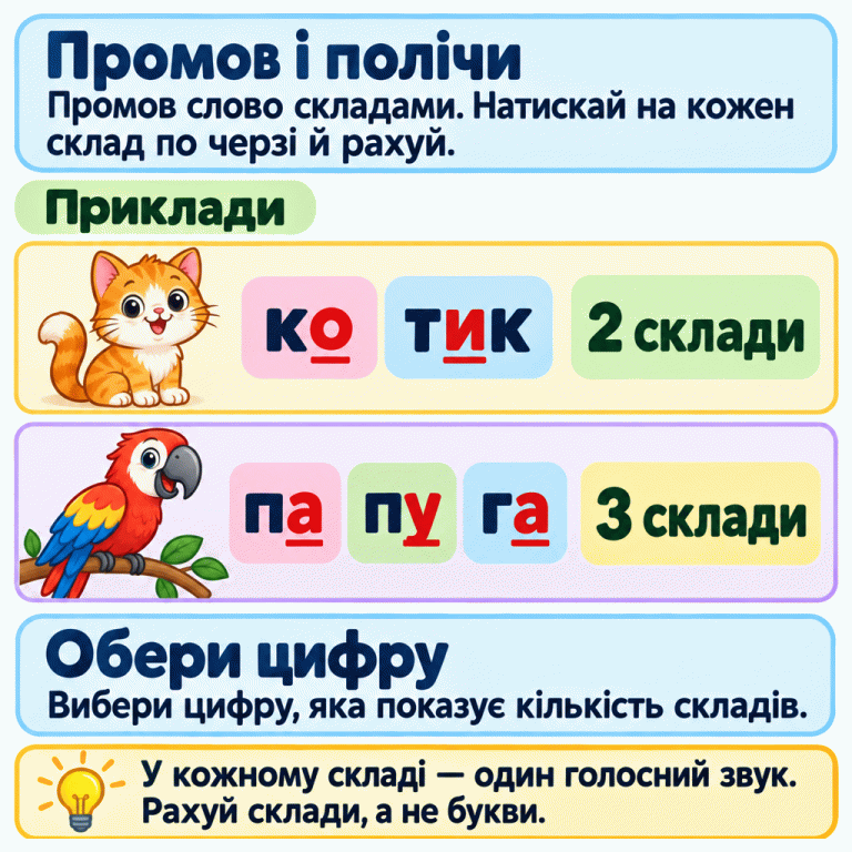 Промов слово складами, натискай на кожен склад по черзі й рахуй. Приклади: котик — ко, тик — два склади; папуга — па, пу, га — три склади. У кожному складі підкреслено букву, що позначає голосний звук. Вибери цифру, яка показує кількість складів. Рахуй склади, а не букви. Промов і полічи: Промов слово складами. Натискай на кожен склад по черзі й рахуй. Обери цифру: Вибери цифру, яка показує кількість складів. У кожному складі — один голосний звук. Рахуй склади, а не букви. Приклади ко тик 2 склади па пу га 3 склади