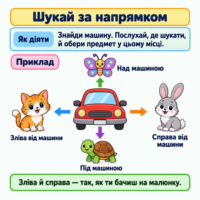 Навчальний приклад пошуку за напрямком. Посередині машина. Повністю зліва від неї — кошеня, справа — зайчик, над нею — метелик, під усією машиною та її колесами — черепашка. Кожне розташування підписане. Щоб виконати завдання, знайди машину, визнач названий напрямок і обери предмет у відповідному місці. Лівий і правий бік визначай так, як бачиш на малюнку. Шукай за напрямком Як діяти: Знайди машину. Послухай, де шукати, й обери предмет у цьому місці. Зліва й справа — так, як ти бачиш на малюнку. Приклад Зліва від машини Справа від машини Над машиною Під машиною