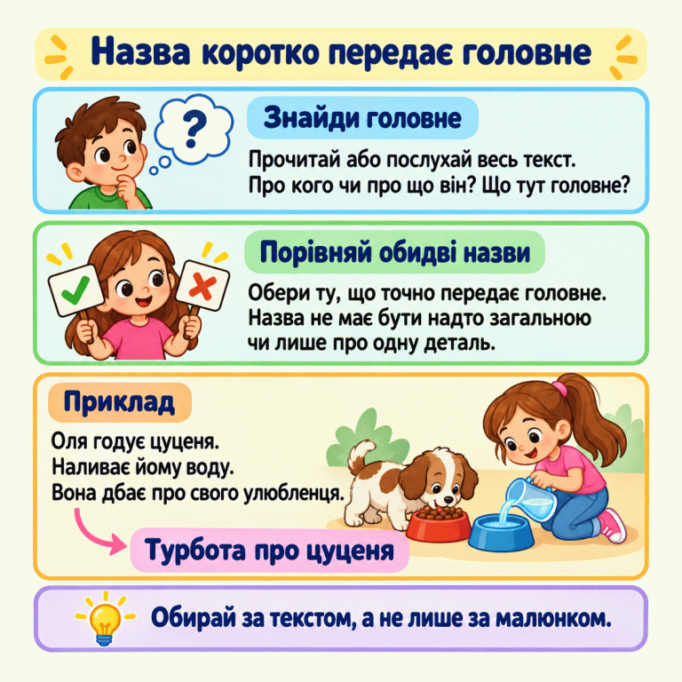 Картка пояснює, як обрати назву: прочитай або послухай весь текст, визнач головне й порівняй обидві назви. Влучна назва точна, не надто загальна й не лише про одну деталь. У навчальному прикладі Оля годує цуценя та наливає йому воду. Назва «Турбота про цуценя» передає спільний зміст цих дій. На малюнку дівчинка доглядає цуценя. Нагадування: обирай за текстом, а не лише за малюнком. Назва коротко передає головне Знайди головне: Прочитай або послухай весь текст. Про кого чи про що він? Що тут головне? Порівняй обидві назви: Обери ту, що точно передає головне. Назва не має бути надто загальною чи лише про одну деталь. Приклад: Оля годує цуценя. Наливає йому воду. Вона дбає про свого улюбленця. Обирай за текстом, а не лише за малюнком. Турбота про цуценя ? ✓ ✗