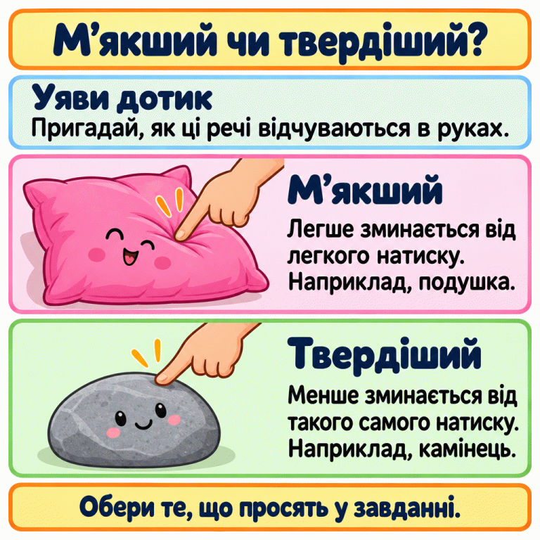 Порівняння м’якшого й твердішого предметів на прикладі подушки та камінця. Від легкого натиску пальцем подушка вминається, а камінець зберігає форму. Пригадай дотик до зображених речей і вибери ту властивість, яку просять у завданні. М’якший чи твердіший? Уяви дотик: Пригадай, як ці речі відчуваються в руках. М’якший: Легше зминається від легкого натиску. Наприклад, подушка. Твердіший: Менше зминається від такого самого натиску. Наприклад, камінець. Обери те, що просять у завданні.