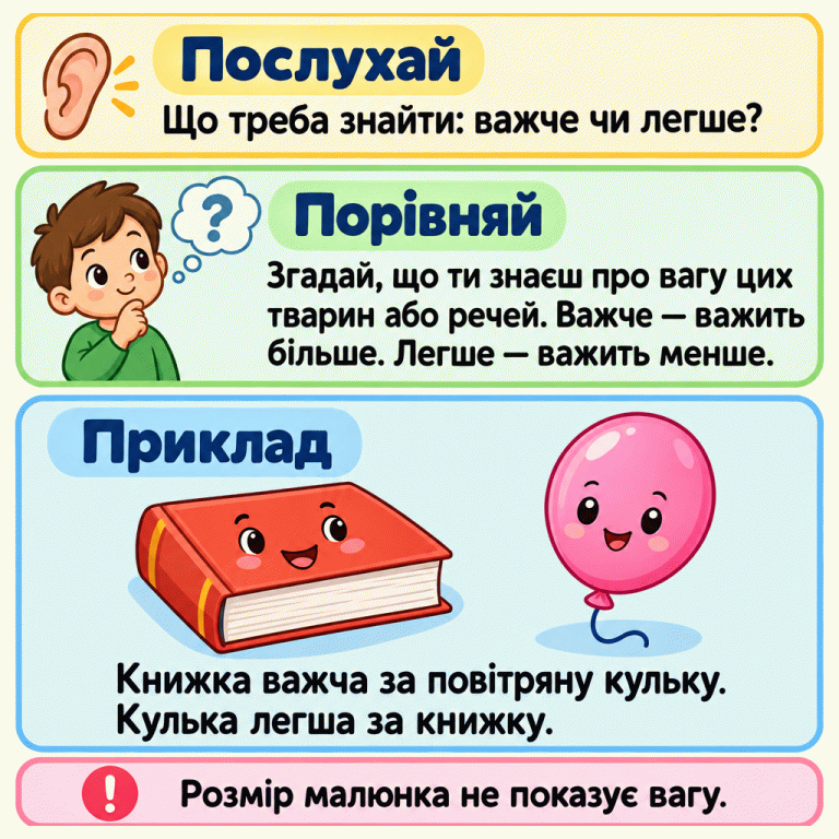 Картка пояснює: спочатку послухай, що потрібно знайти — важче чи легше. Пригадай вагу справжніх тварин або речей. Важче означає важить більше, легше — важить менше. У навчальному прикладі зображено книжку й повітряну кульку: книжка важча за кульку, а кулька легша за книжку. Розмір малюнка не показує вагу. Послухай: Що треба знайти: важче чи легше? Порівняй: Згадай, що ти знаєш про вагу цих тварин або речей. Важче — важить більше. Легше — важить менше. Приклад: Книжка важча за повітряну кульку. Кулька легша за книжку. Розмір малюнка не показує вагу. ? !