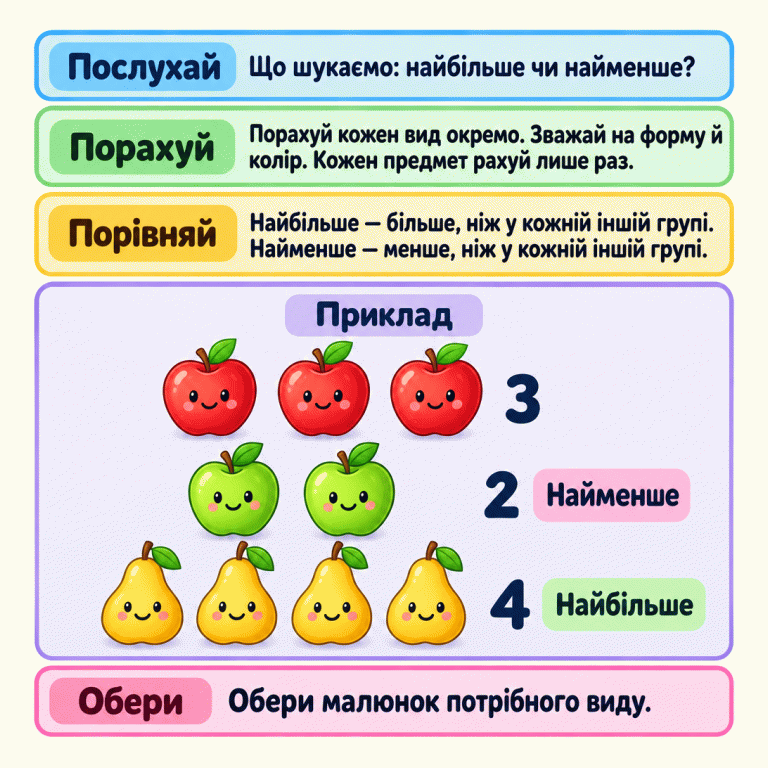 Порахуй кожен вид предметів окремо й порівняй усі кількості. У навчальному прикладі три яблука одного кольору, два яблука іншого кольору та чотири груші. Два яблука — найменша кількість, чотири груші — найбільша. Послухай, що потрібно знайти в завданні, й обери малюнок відповідного виду. Послухай: Що шукаємо: найбільше чи найменше? Порахуй: Порахуй кожен вид окремо. Зважай на форму й колір. Кожен предмет рахуй лише раз. Порівняй: Найбільше — більше, ніж у кожній іншій групі. Найменше — менше, ніж у кожній іншій групі. Обери малюнок потрібного виду. Приклад 3 2 4 Найменше Найбільше Обери